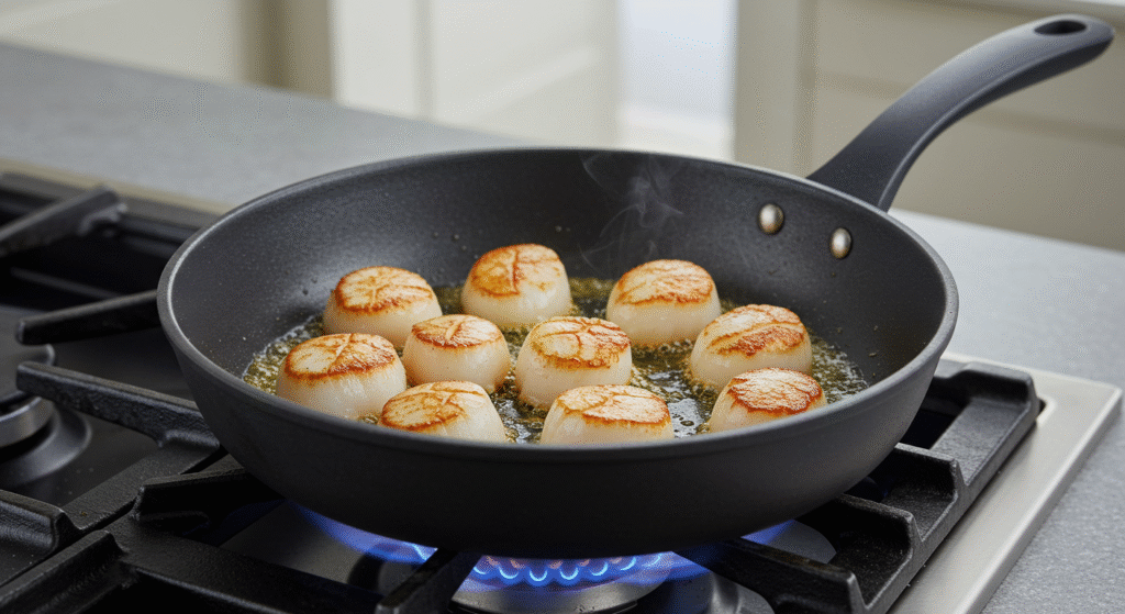 Overhead view of a bowl of Japanese Scallop and Seaweed Rice with golden scallops, sesame seeds, and nori strips