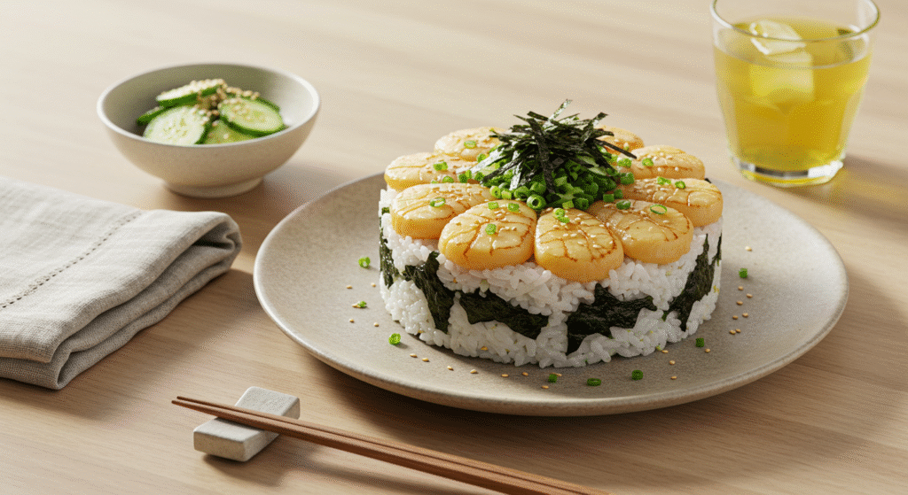 Japanese Scallop and Seaweed Rice beautifully plated with golden scallops, shredded nori, and sesame seeds