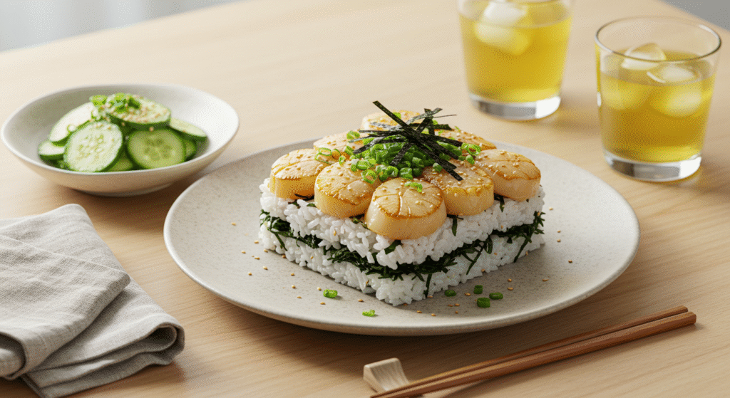 Close-up of Japanese Scallop and Seaweed Rice with seared scallops, fluffy rice, and garnished with seaweed strips