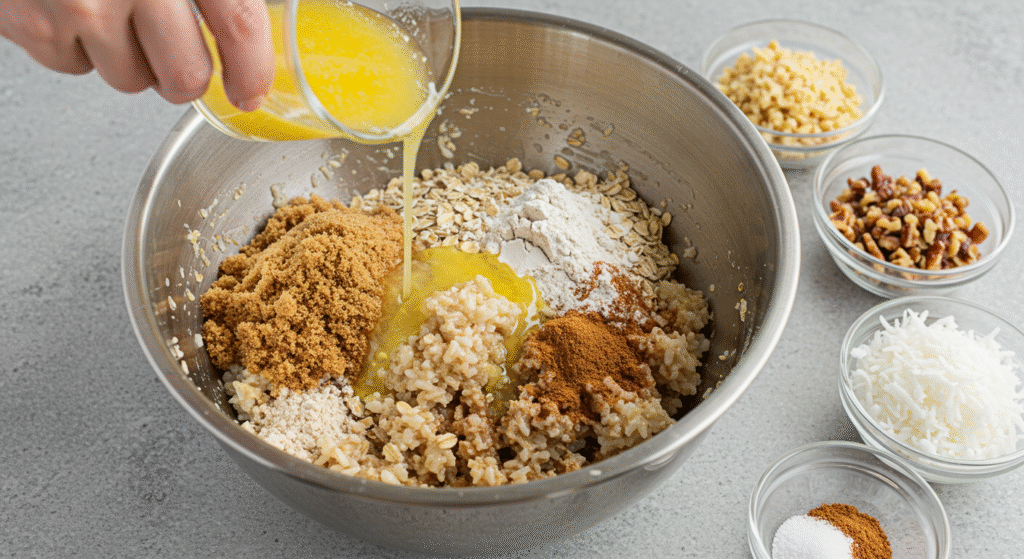 Pouring thick caramel sauce over the rice pudding tart