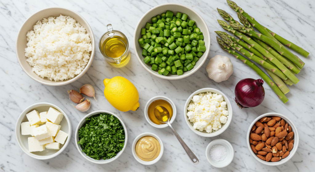 Step showing rice and asparagus being tossed together in a skillet with lemon zest