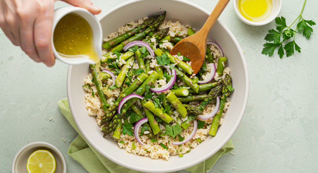 Freshly prepared Asparagus and Lemon Rice Salad in a mixing bowl with bright greens and lemon zest