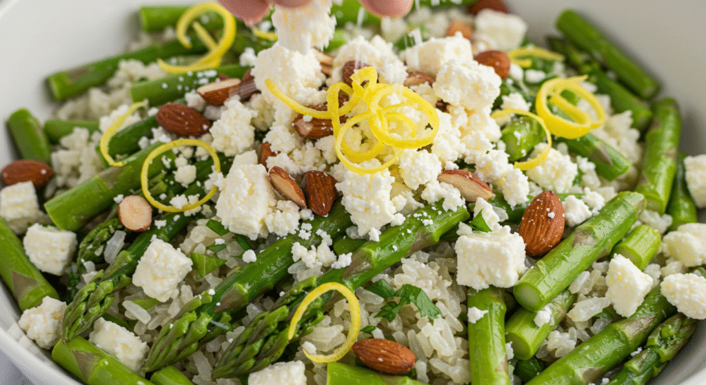 Asparagus and Lemon Rice Salad with bright lemon zest and fresh asparagus in a white bowl