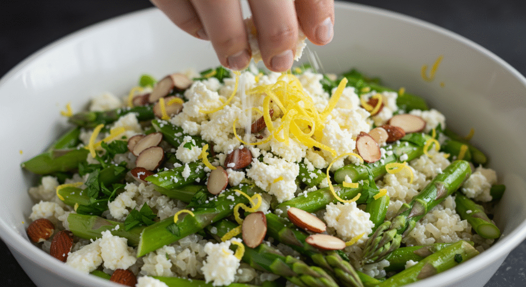 Asparagus and Lemon Rice Salad served on a platter with lemon slices and chopped herbs