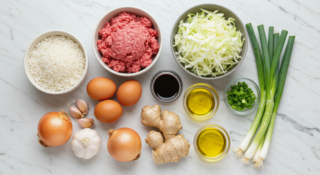 Beef and Cabbage Fried Rice served in a skillet with green onions and sesame seeds