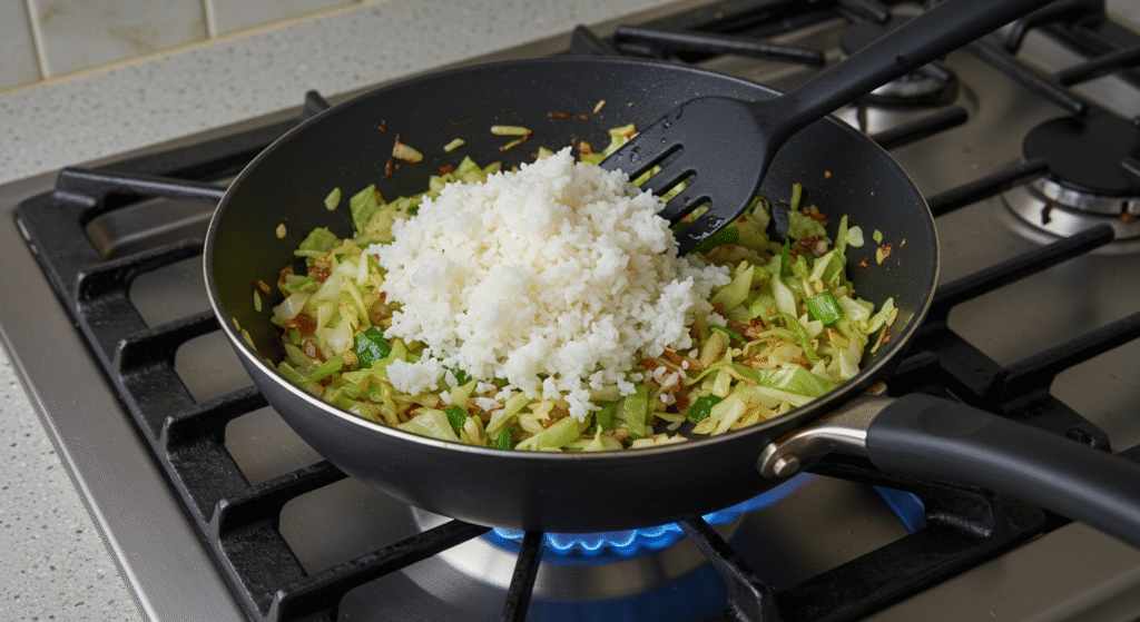 Step 4 of Beef and Cabbage Fried Rice – Adding cold rice to the stir-fried beef and cabbage