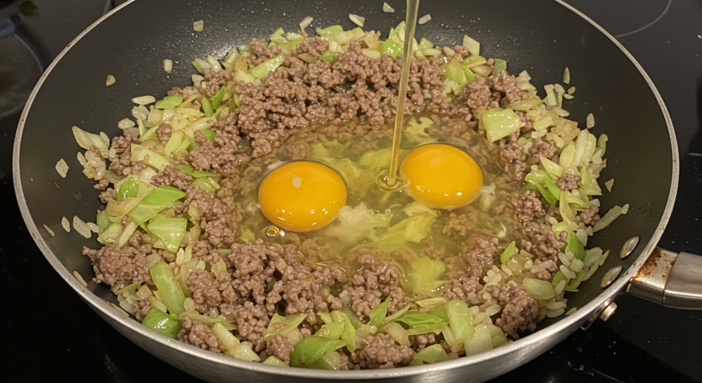 Step 5 of Beef and Cabbage Fried Rice – Stirring in soy sauce and seasoning to the cooked rice and vegetables