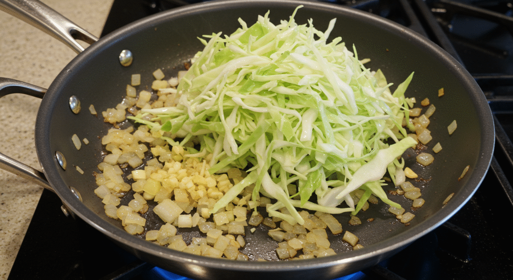 Step 3 of cooking Beef and Cabbage Fried Rice – Stirring beef and vegetables in a hot pan