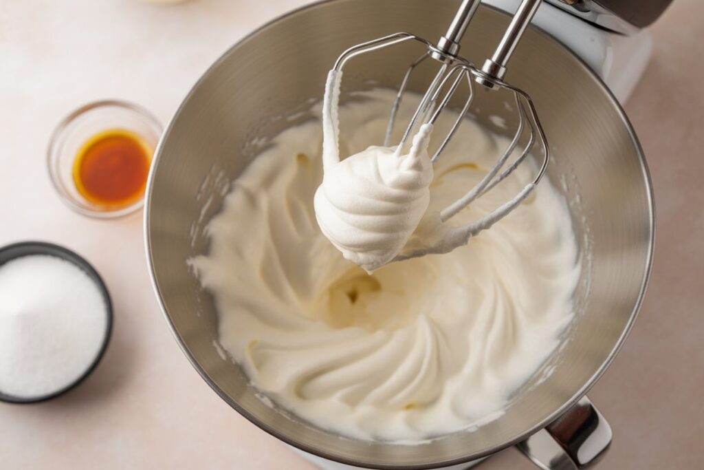Hand mixer beating cream in a metal bowl for Strawberry Shortcake Rice Cups