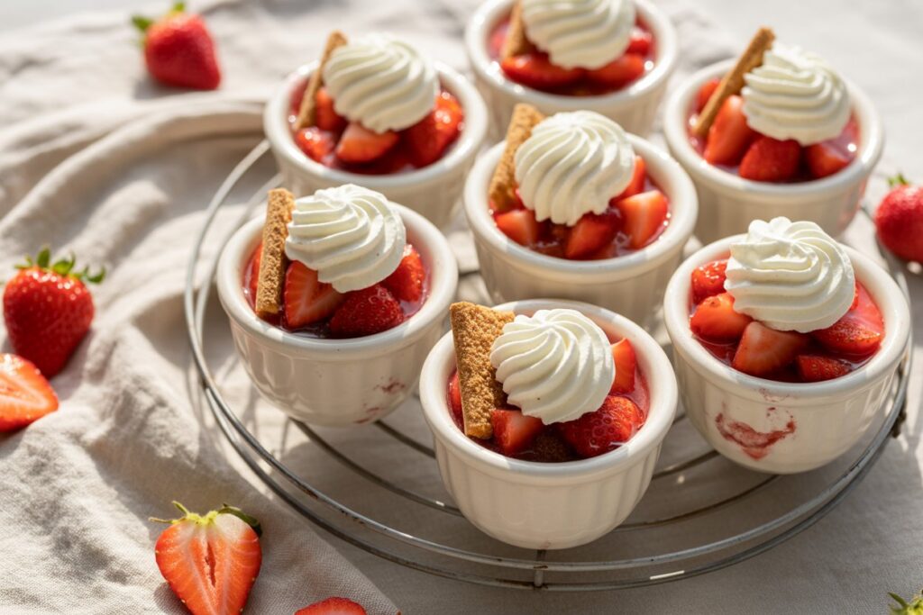 Several small white porcelain bowls filled with Strawberry Shortcake Rice Cups on a wooden table