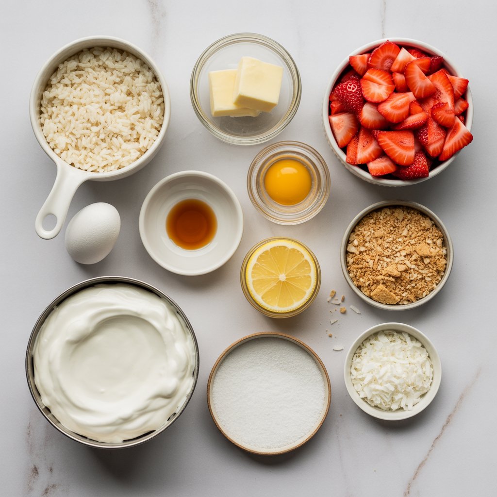 Overhead view of ingredients for Strawberry Shortcake Rice Cups, including strawberries, cooked rice, whipped cream, and shortcake pieces