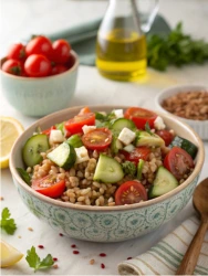 Mediterranean farro salad with tomato, cucumber, fresh herbs, and fluffy rice served in a bowl