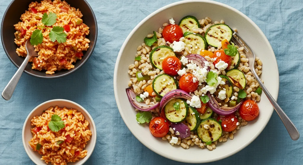 Colorful barley grilled vegetable salad with zucchini, bell peppers, and fresh herbs served in a white bowl