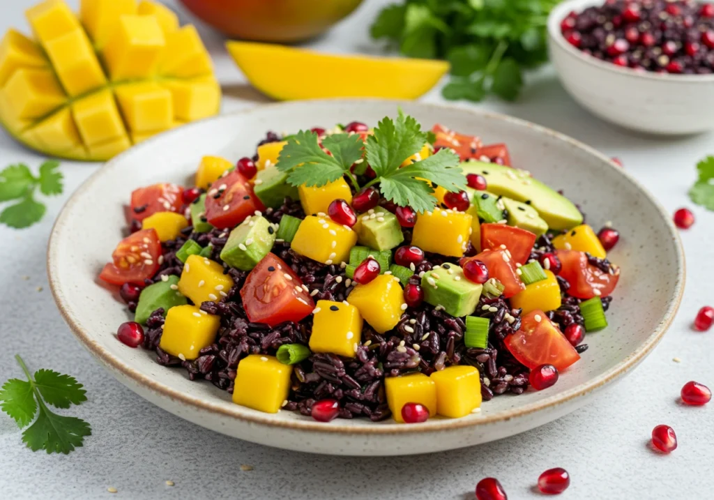 Black rice mango salad garnished with fresh cilantro and roasted cashews