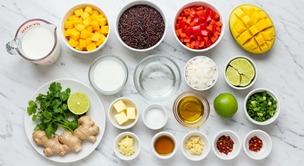 Overhead view of black rice mango salad with diced mango, red bell pepper, shredded coconut, and fresh cilantro in a white bowl