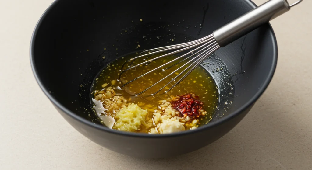 Close-up of black rice mango salad with diced mango, red bell pepper, shredded coconut, and fresh herbs in a white bowl