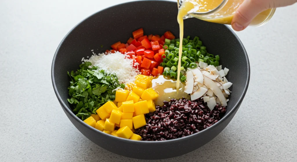 Overhead view of black rice mango salad served in a white bowl with roasted cashews and fresh cilantro
