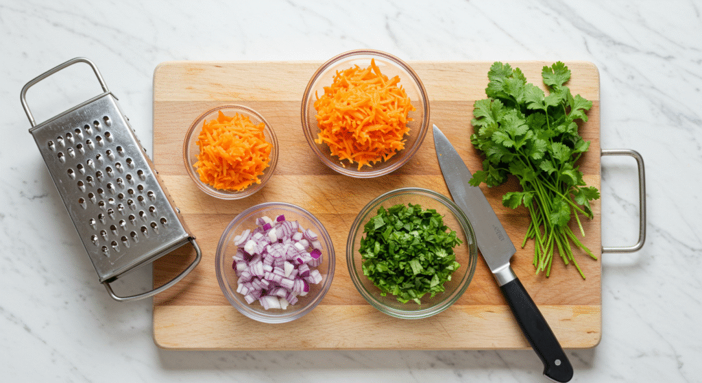 Colorful rice salad with carrots, herbs, and turmeric coconut rice on a white plate