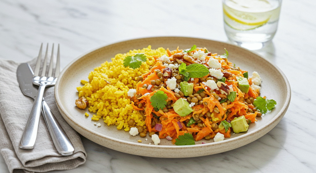 Lentil Carrot Salad with Turmeric Coconut Rice styled with fresh herbs and lemon slices