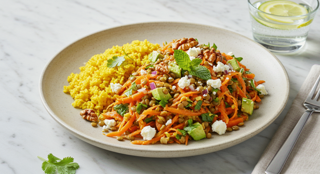 Close-up of Lentil Carrot Salad with Turmeric Coconut Rice topped with feta and herbs