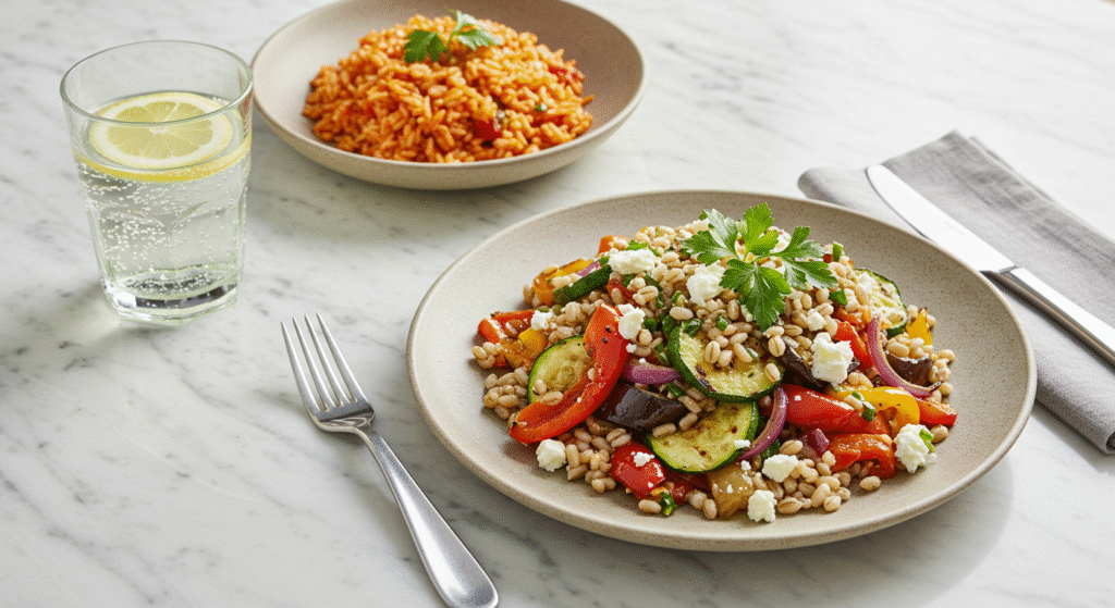 Barley salad with grilled vegetables including zucchini and bell peppers served in a white bowl