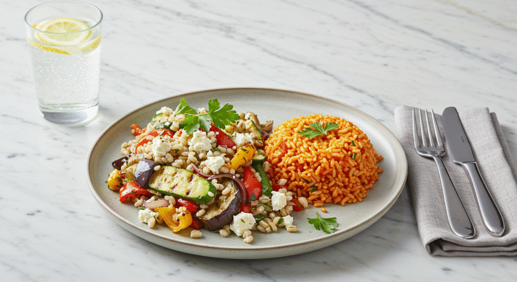 Top view of a colorful barley salad with grilled vegetables and spicy tomato rice on a rustic plate