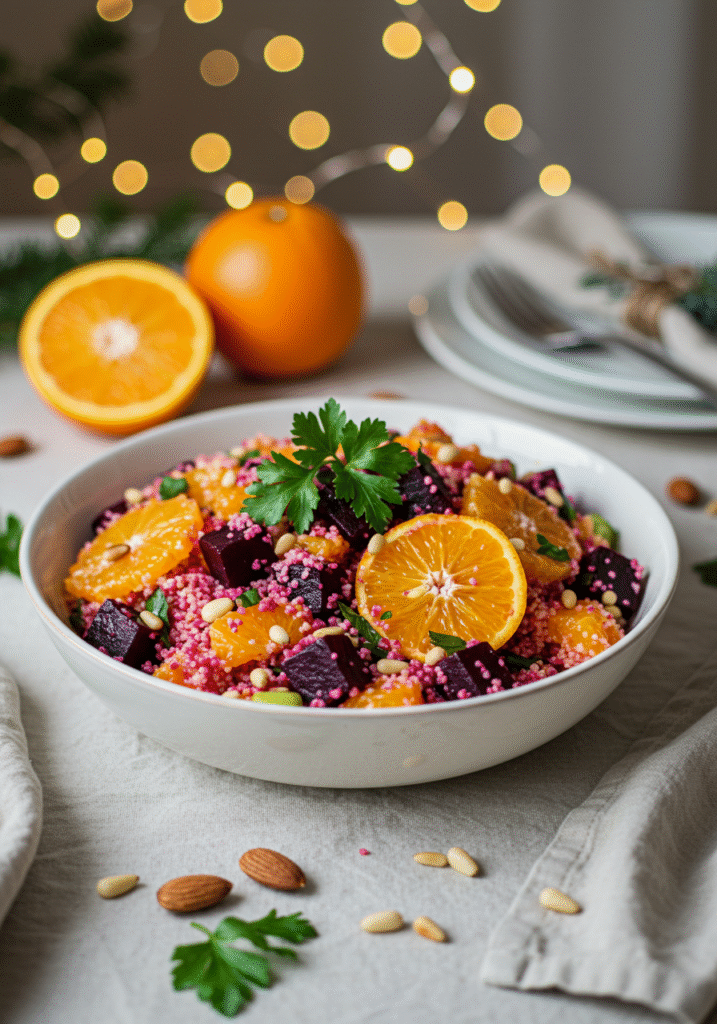 Fresh ingredients for quinoa beet orange salad laid out, including beets, oranges, quinoa, and herbs on a wooden surface