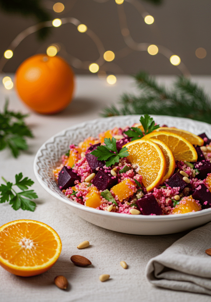 A colorful serving of quinoa roasted beet orange salad with cilantro lime rice, beautifully arranged on a white plate