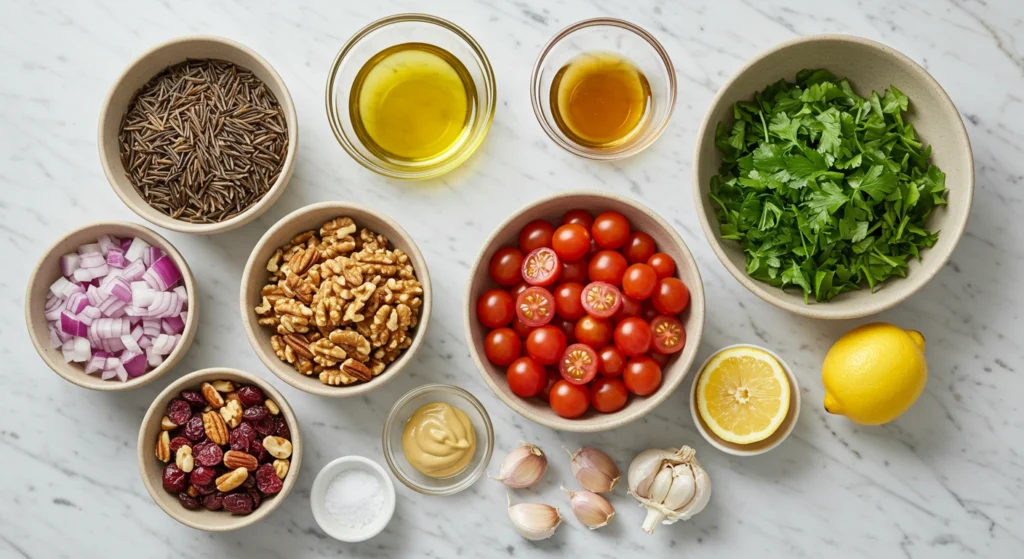 Fresh Mediterranean farro salad with colorful vegetables and rice on a plate