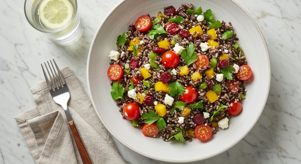 Wild rice salad recipe with diced bell peppers, cherry tomatoes, herbs, and a light vinaigrette