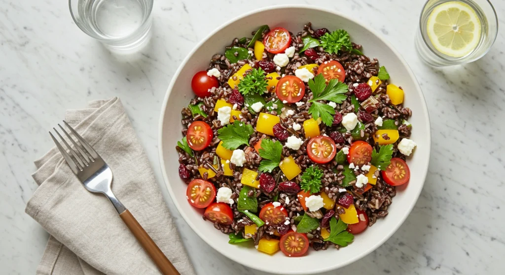 Wild rice salad recipe with colorful vegetables, fresh herbs, and a light olive oil dressing