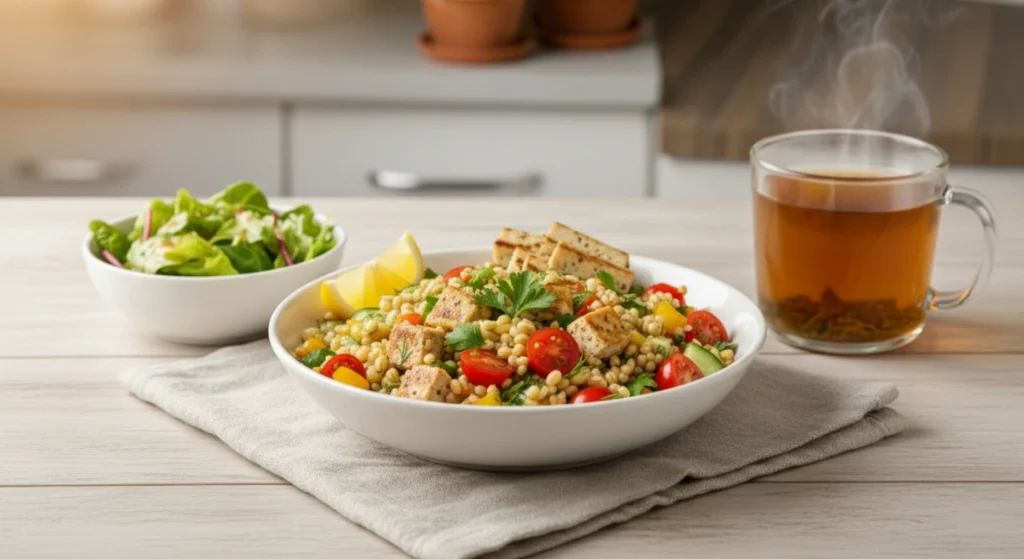 Vibrant lemon tahini rice salad with fresh greens and mixed vegetables