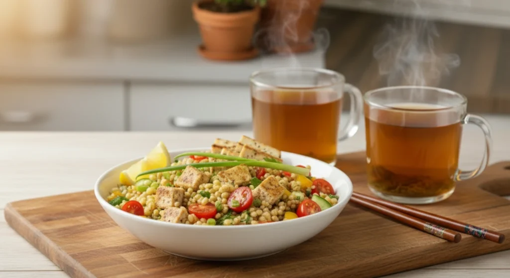 Fresh lemon tahini rice salad with crisp greens and colorful vegetables