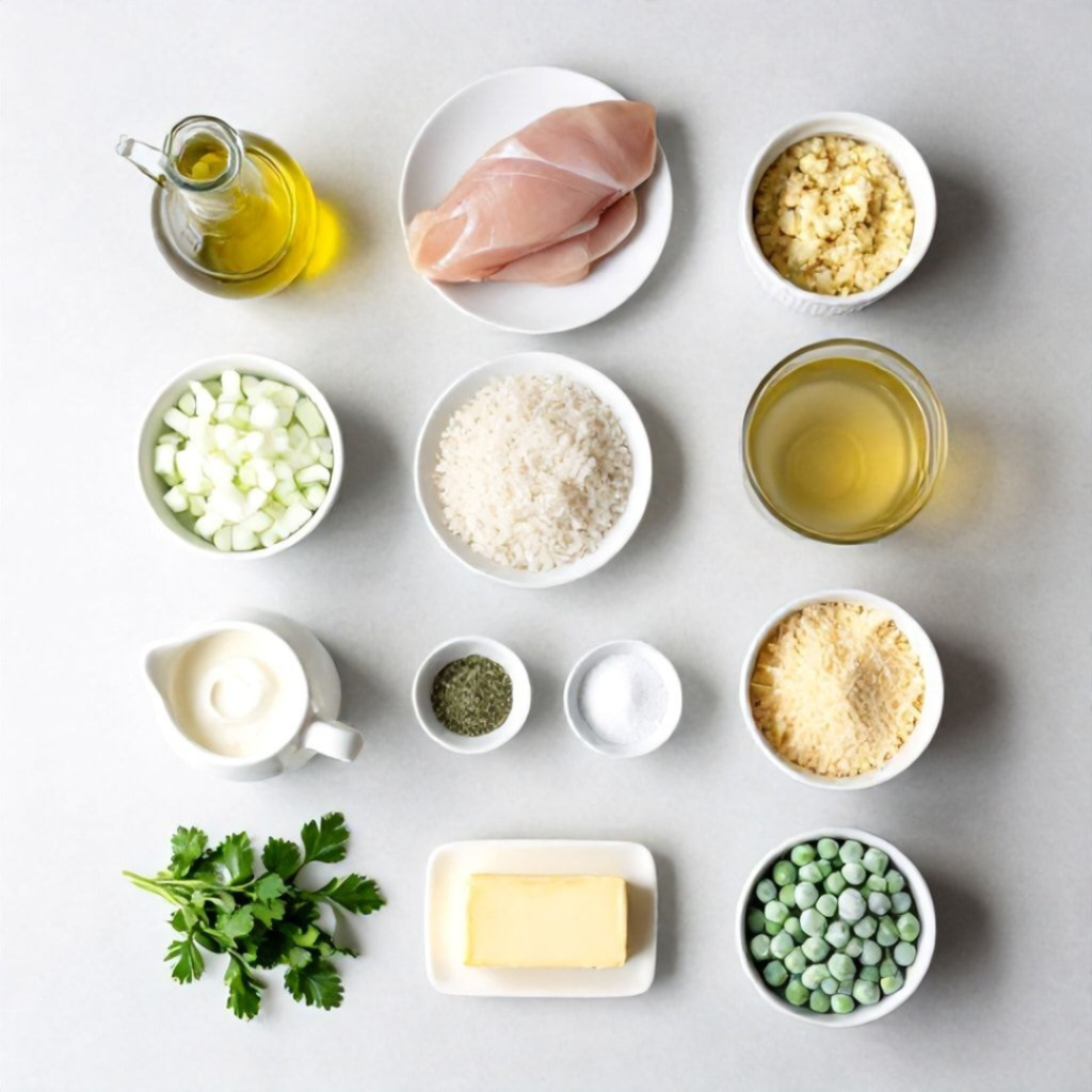 Ingredients for cheesy tuna rice bake including cooked rice, canned tuna, cheddar cheese, milk, cream of mushroom soup, peas, carrots, onion, garlic, and breadcrumbs