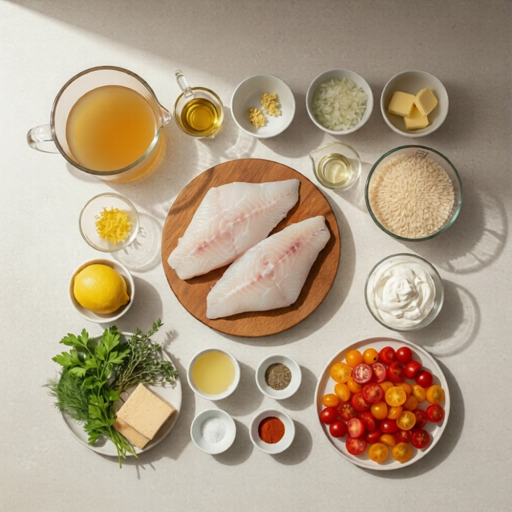 Ingredients for haddock rice bake including fresh haddock, rice, herbs, butter, and spices