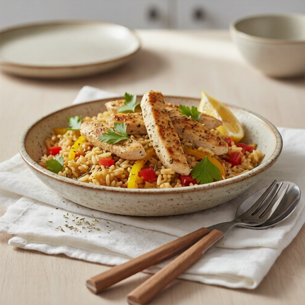 Skillet smoky paprika chicken served over savory seasoned rice